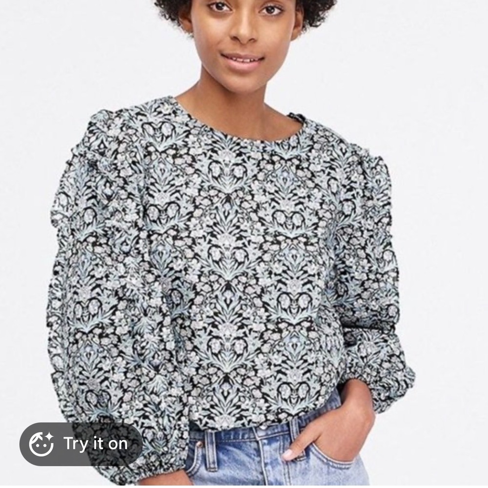 J.Crew‎ Liberty Fabric Floral Damask Puff Sleeve Blouse Blue Pink XXS Ditsy
